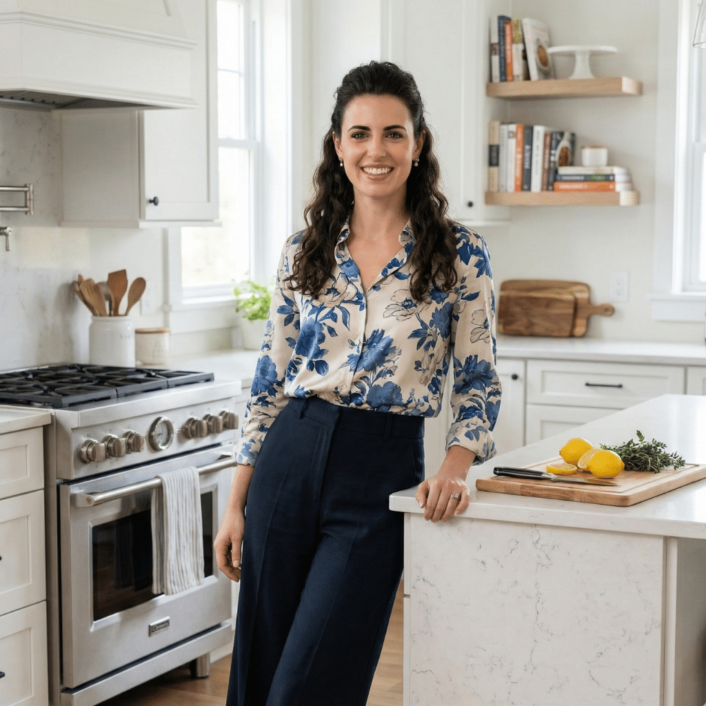 Chef Ember Hayes standing in her modern home kitchen preparing to test new family dinner recipes.