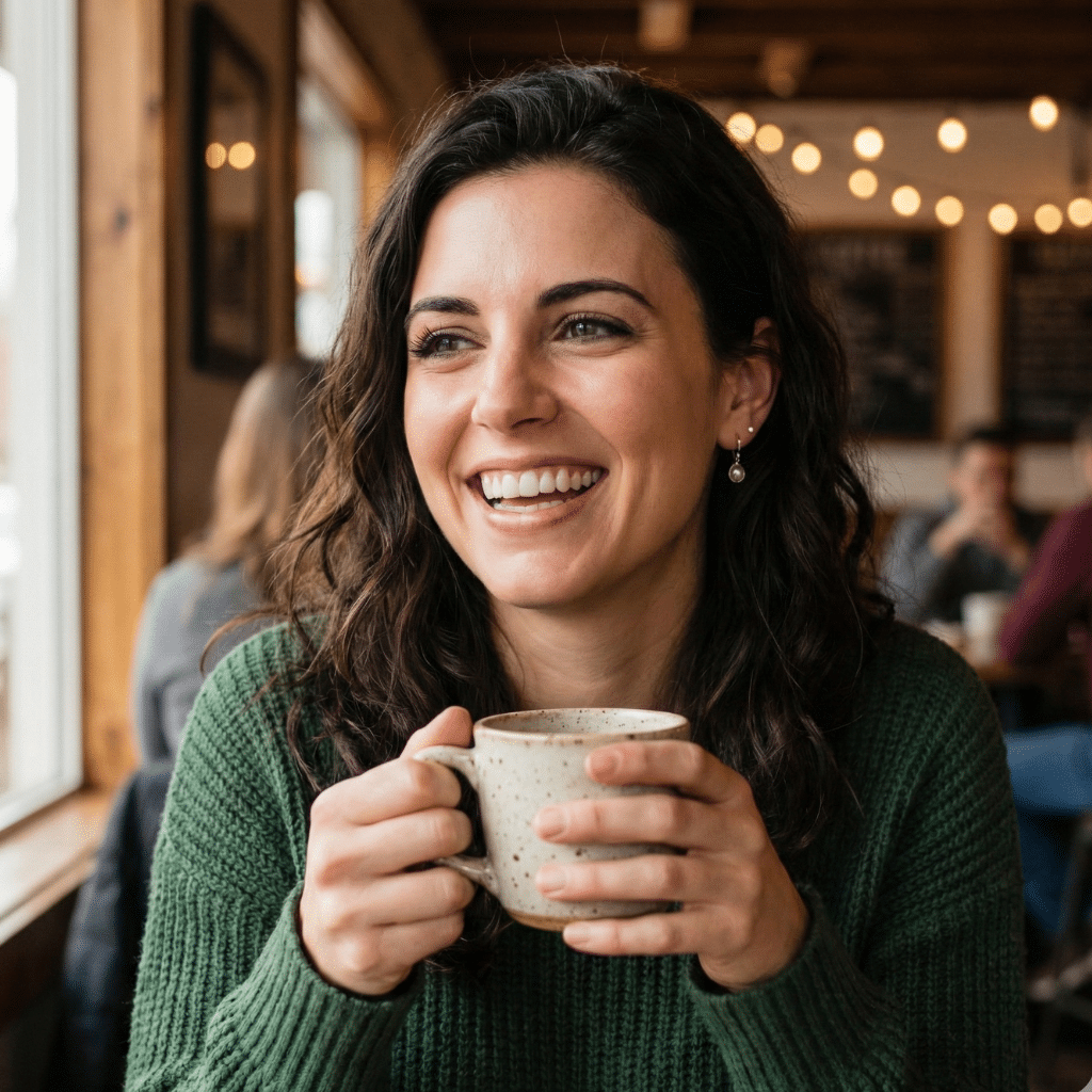 DishGrub founder Ember Hayes enjoying coffee while brainstorming new dessert ideas at a cafe.
