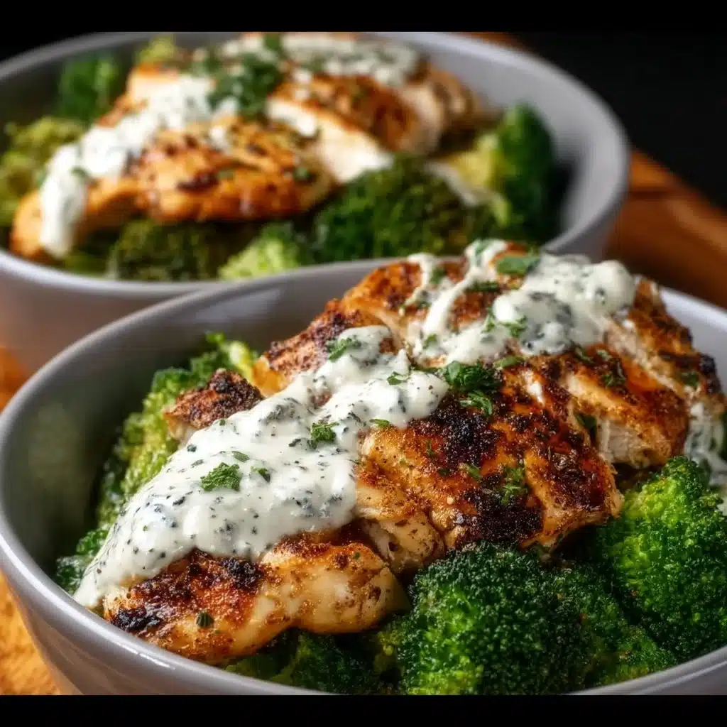Healthy Grilled Chicken Broccoli Bowls with Creamy Garlic Sauce