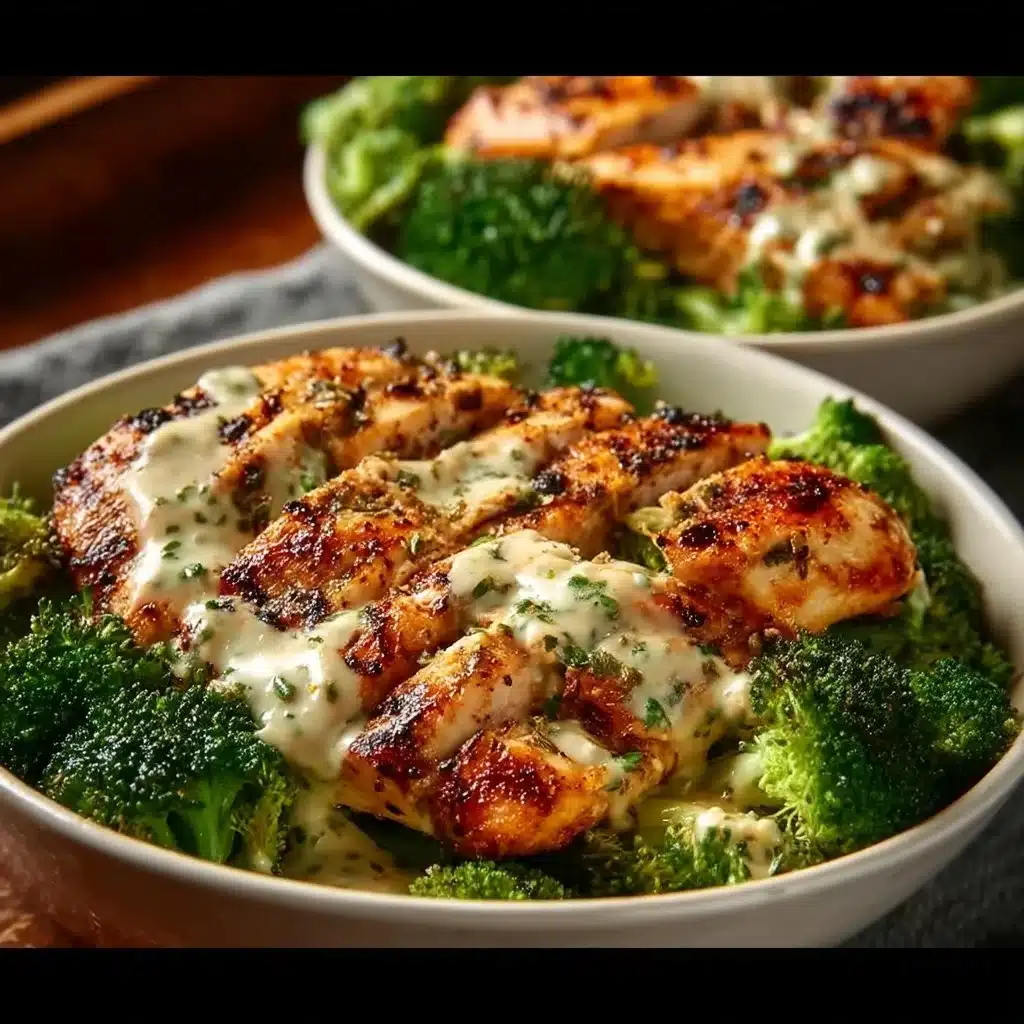 Healthy Grilled Chicken Broccoli Bowls with Creamy Garlic Sauce