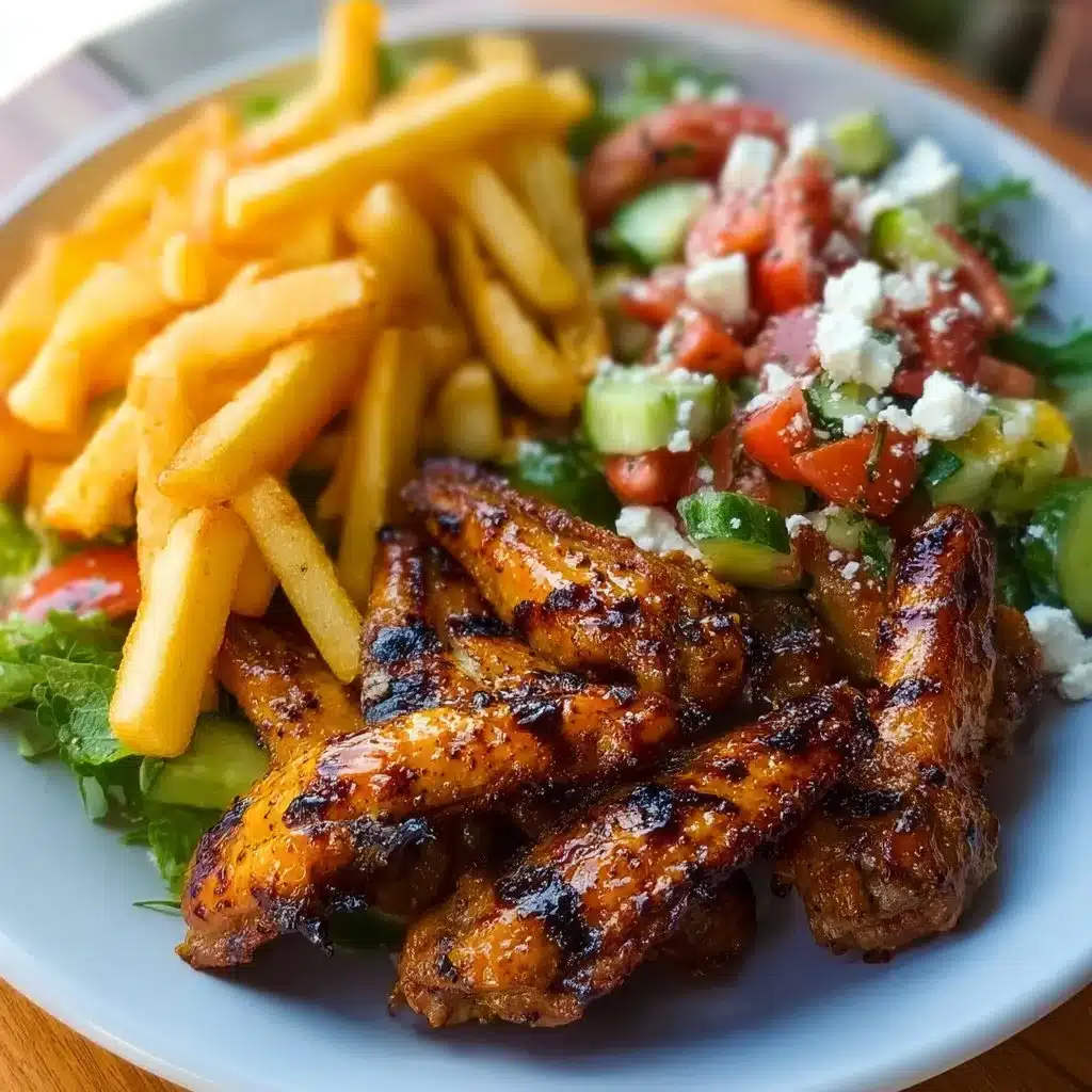 Spicy Grilled Chicken Wings with Crispy Fries and Greek Salad