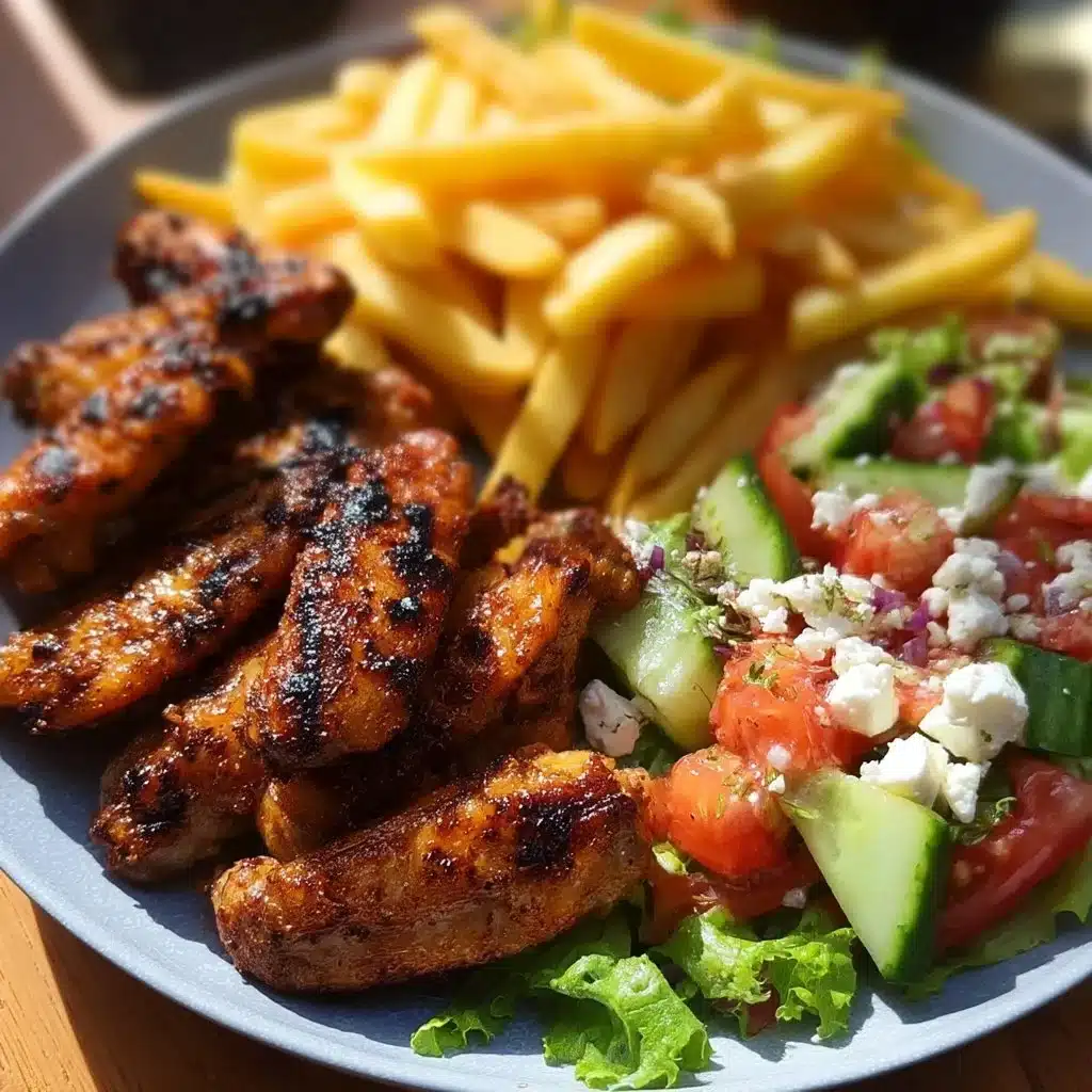 Spicy Grilled Chicken Wings with Crispy Fries and Greek Salad