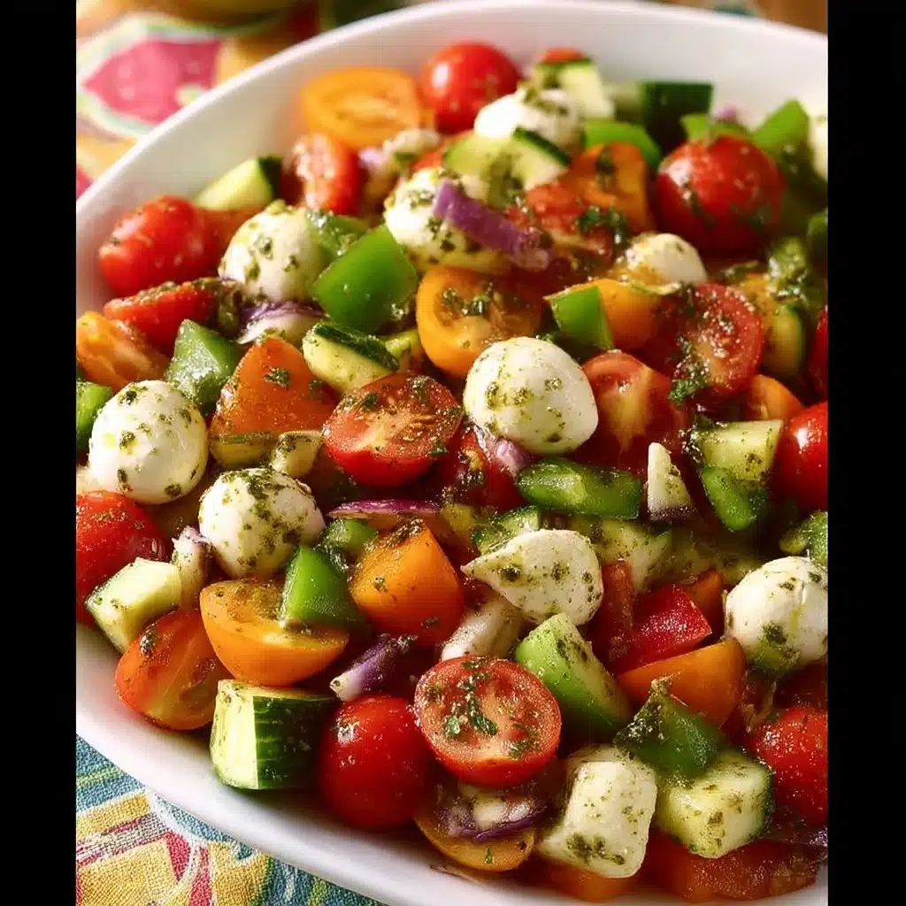 Spring Salad: Tomato Cucumber Salad with Avocado, Mozzarella, and Basil Pesto