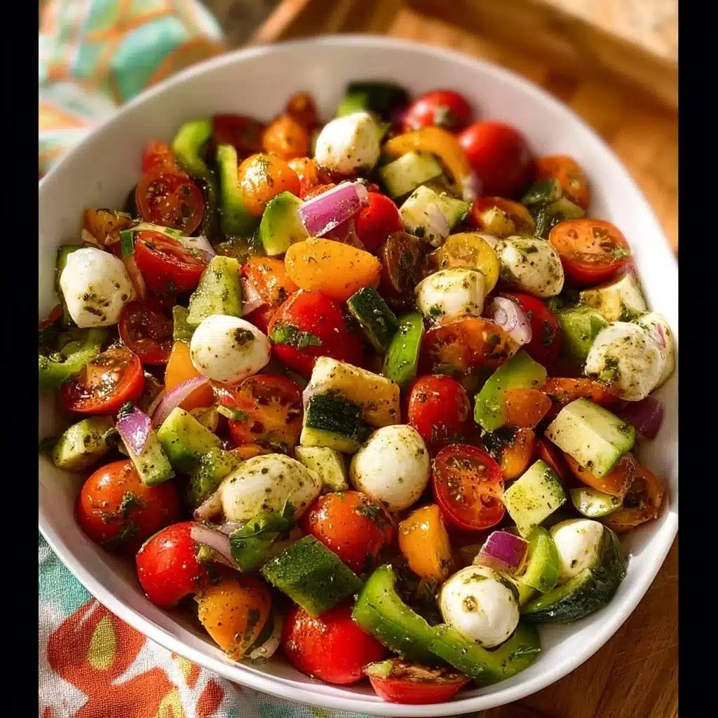 Spring Salad: Tomato Cucumber Salad with Avocado, Mozzarella, and Basil Pesto