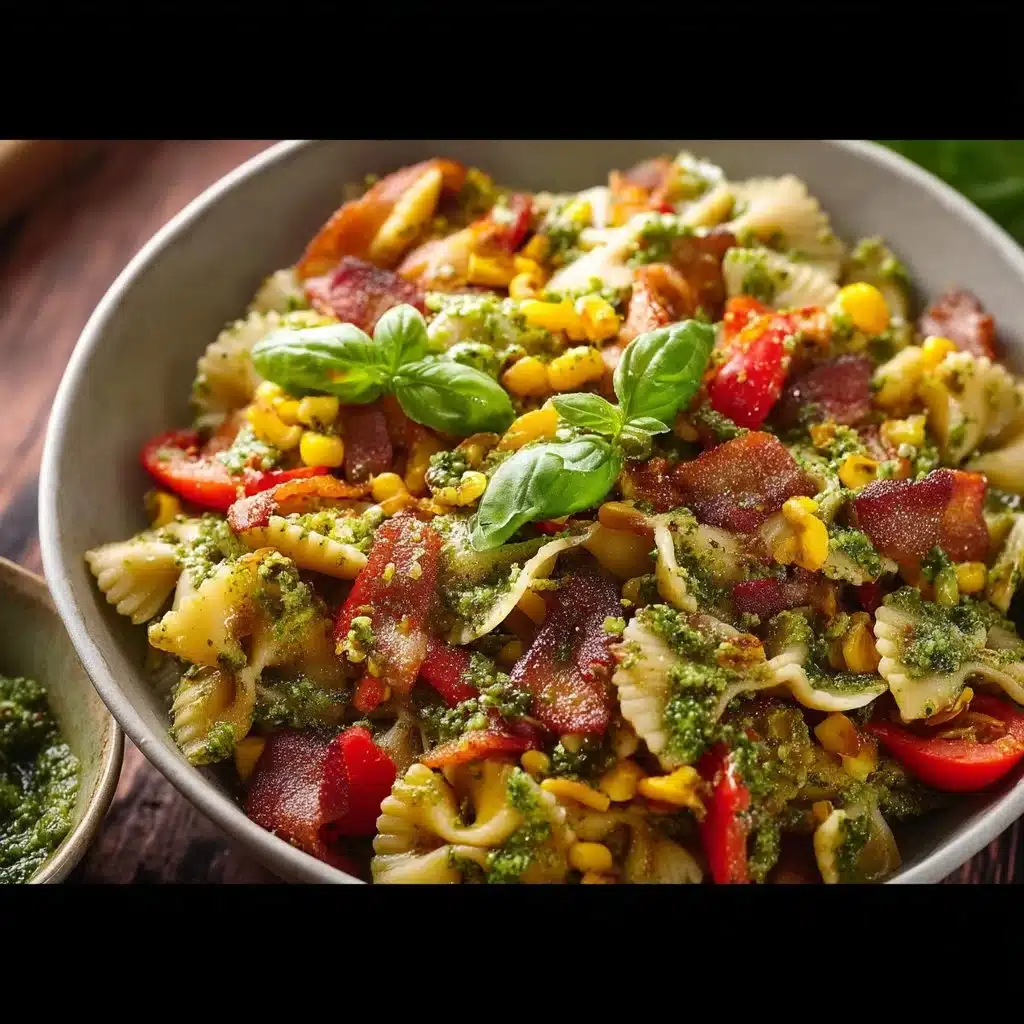 Summer Pasta Salad with Corn, Bell Pepper, Bacon, and Creamy Pesto Dressing