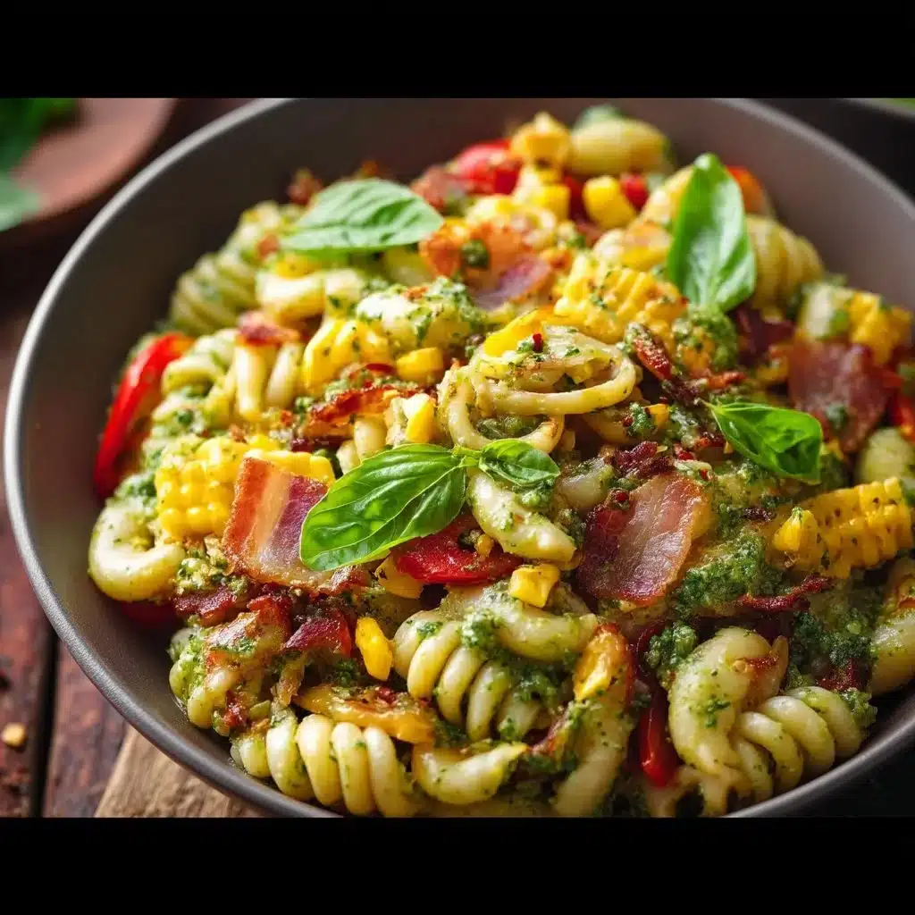 Summer Pasta Salad with Corn, Bell Pepper, Bacon, and Creamy Pesto Dressing